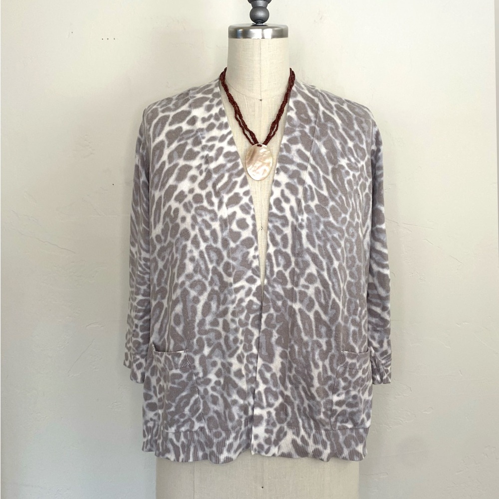 Christopher & Banks Leopard L 3/4 Sleeve Sweater w/ Pockets Casual Work Cardigan